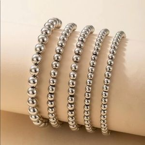 5PC SILVER BEADED BRACELET SET